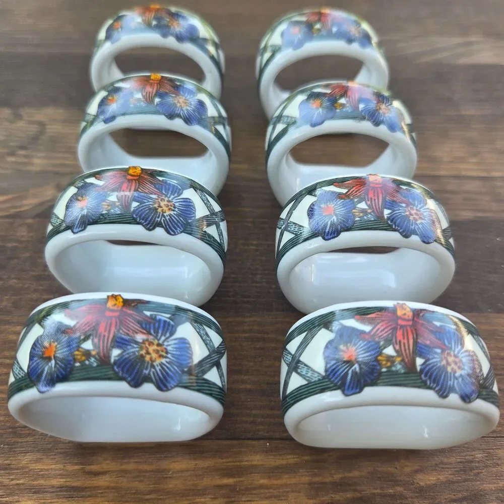 Dansk Porcelain Floral Napkin Rings Set of 8 Taiwan Table Decor